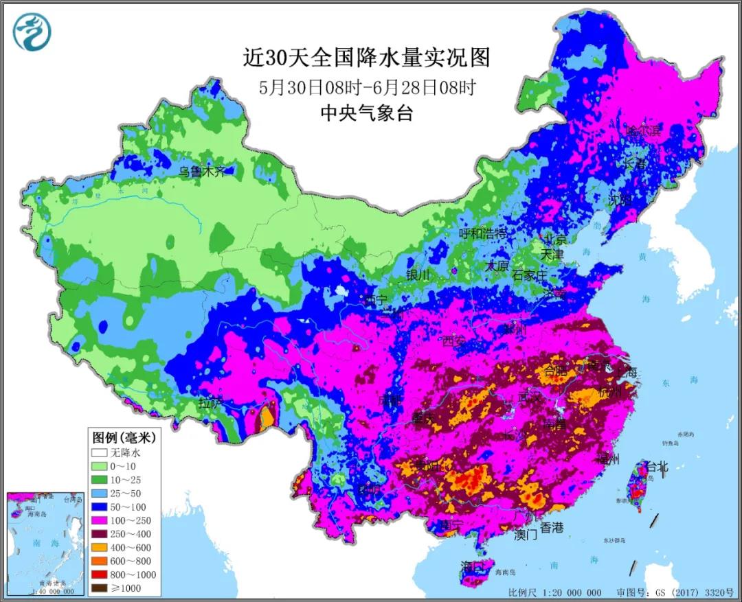 ▲圖為近30天全國降水實(shí)況圖。來源：中央氣象臺(tái)